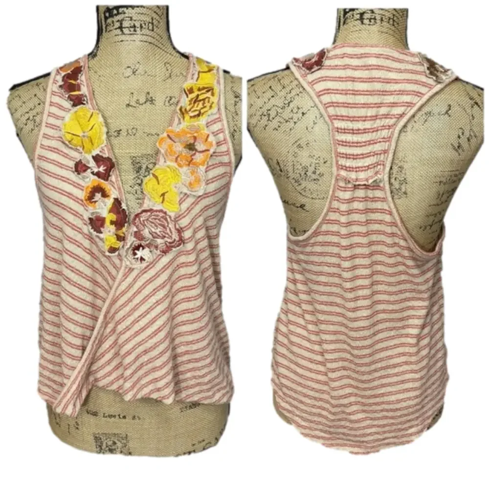 Free People Striped Surplice Tank Floral Appliqués